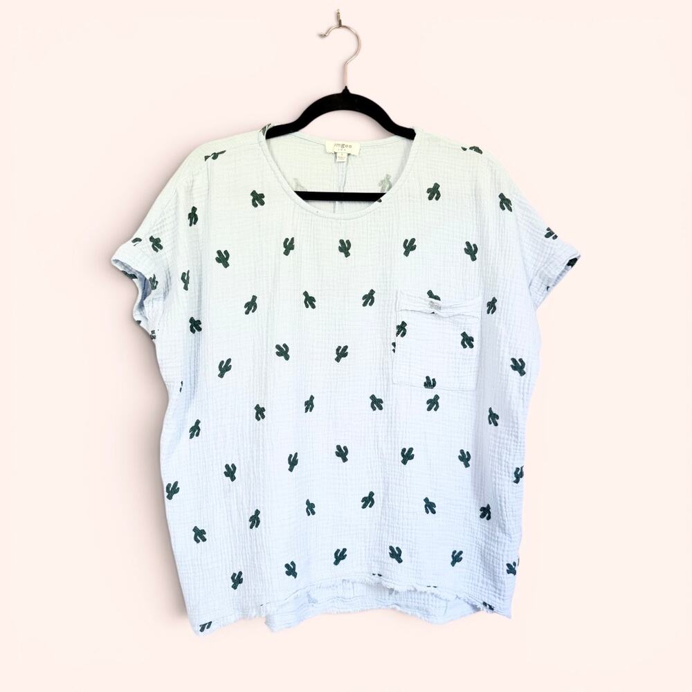 Umgee 100% Cotton Gauze Top Small Embroidered Saguaro Cactus Boho Southwest